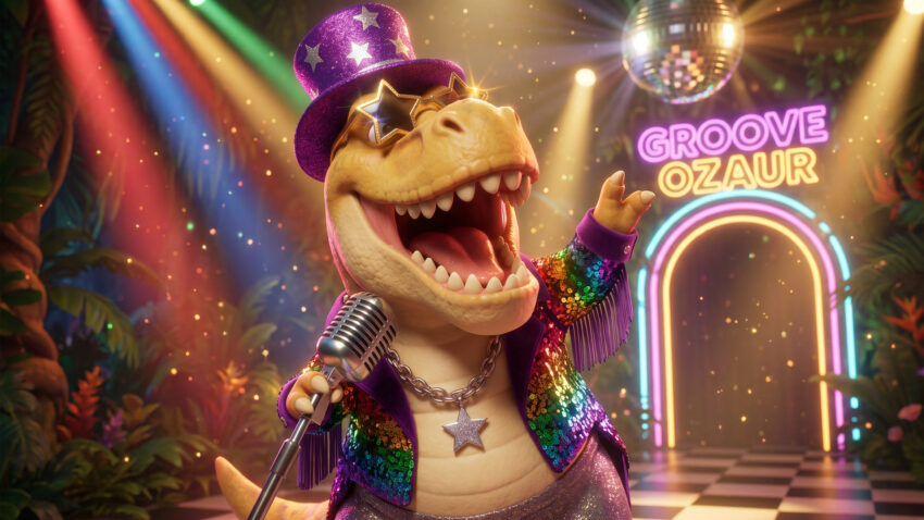 Groove’ozaur – T-rex w fioletowym cylindrze i okularach-gwiazdach śpiewa do mikrofonu